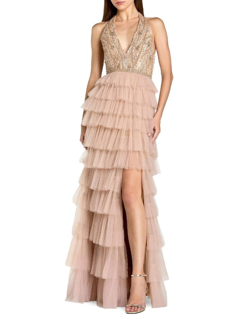 Mac Duggal Beige Blush Beaded Tulle Ruffle Column Gown